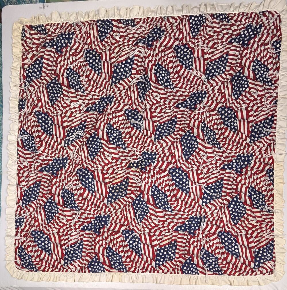 Vtg Handmade 2 Sided Patriotic Americana US Flag Solar System Blanket 44" x 45"